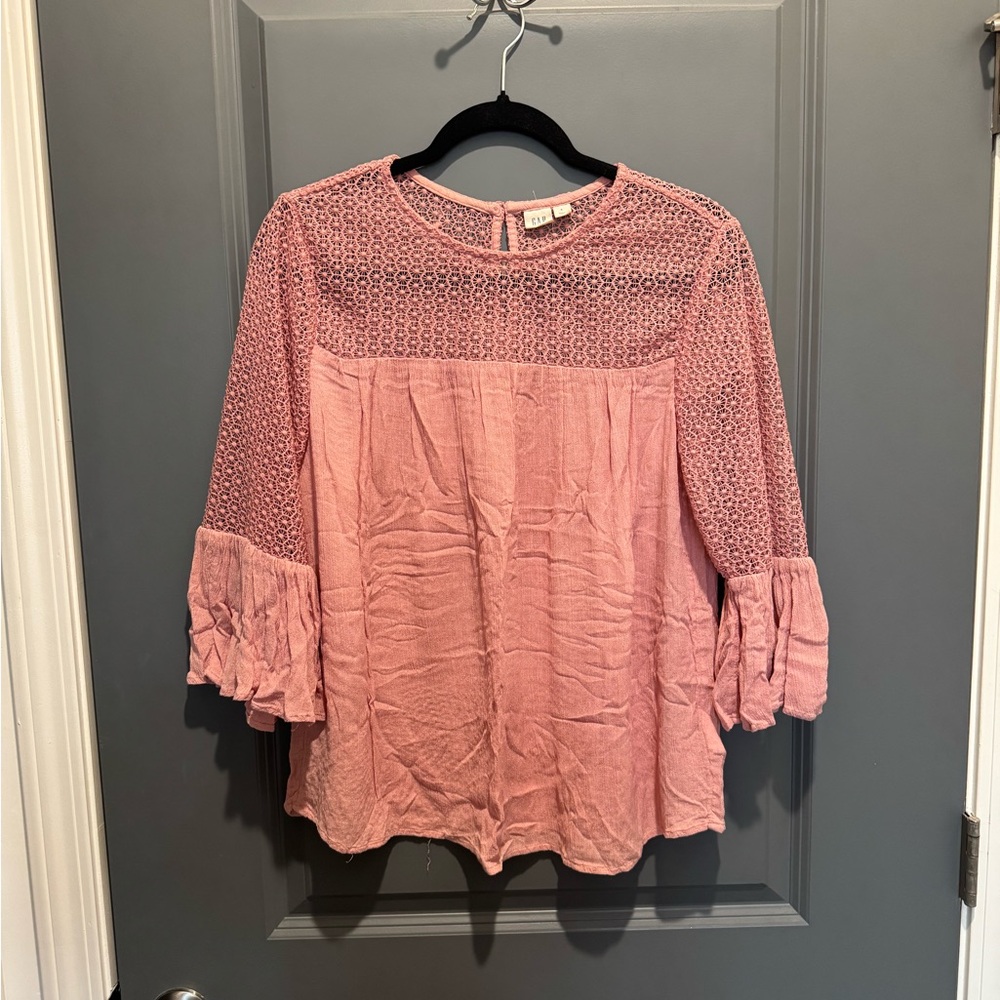 GAP Pink Lace Tunic Blouse with Ruffle Sleeves
